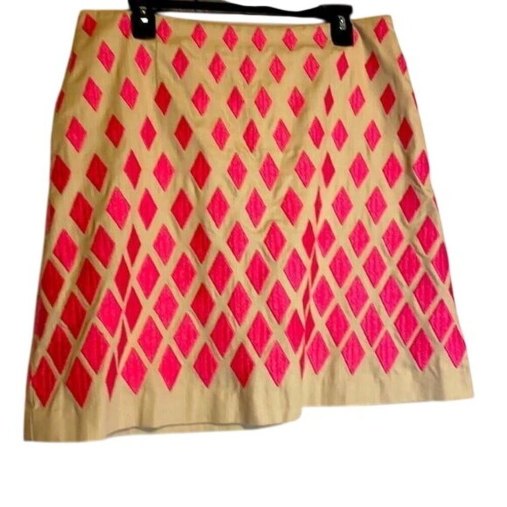 Boden Beige & Pink Diamond Embroidered A-Line Skirt Size M Cotton & Polyester Bl